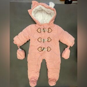 Pink Hooded Baby Snowsuit with Mittens